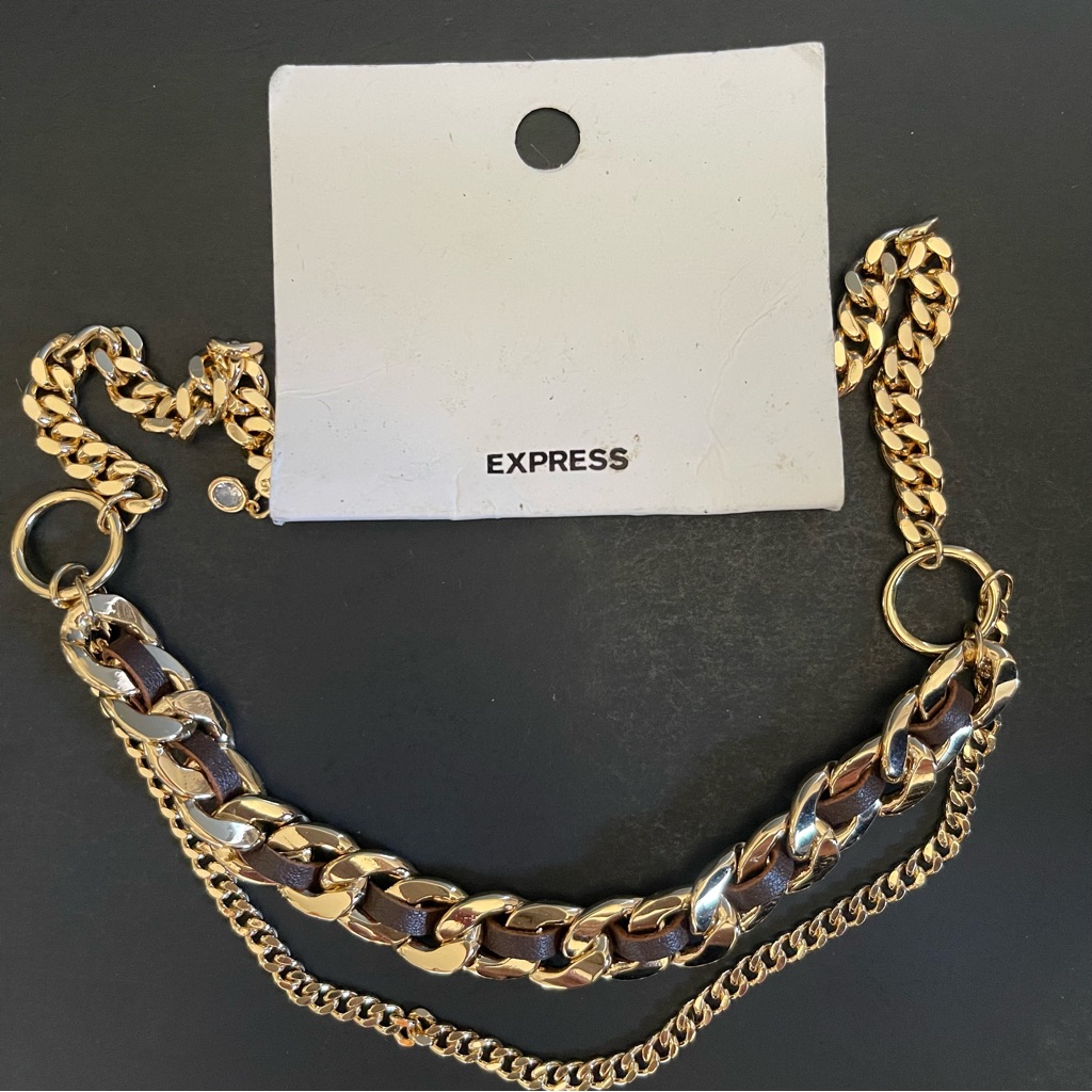 Express Gold Chain Link Necklace With Brown Leather Accent 16$